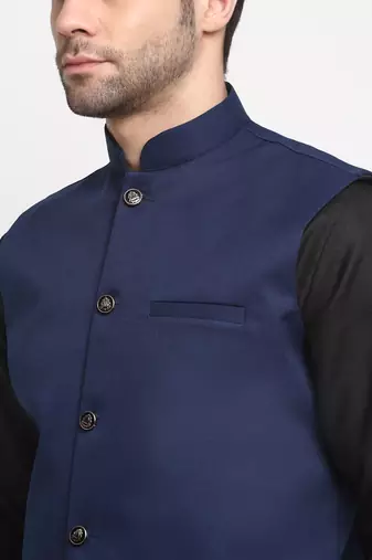 Men Cotton Solid Black Kurta Churidar With Navy Blue Twill Nehru Jacket Set