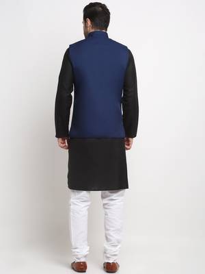 Men Cotton Solid Black Kurta Churidar With Navy Blue Twill Nehru Jacket Set 3