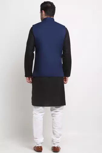 Men Cotton Solid Black Kurta Churidar With Navy Blue Twill Nehru Jacket Set