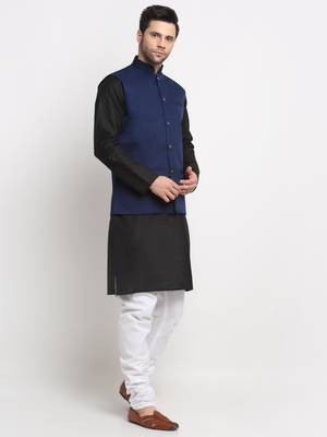 Men Cotton Solid Black Kurta Churidar With Navy Blue Twill Nehru Jacket Set 4