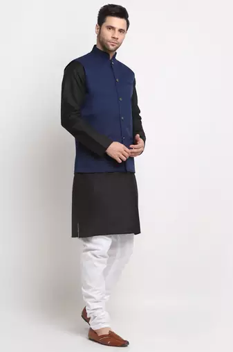 Men Cotton Solid Black Kurta Churidar With Navy Blue Twill Nehru Jacket Set