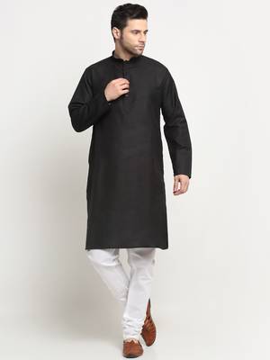 Men Cotton Solid Black Kurta Churidar With Navy Blue Twill Nehru Jacket Set 5