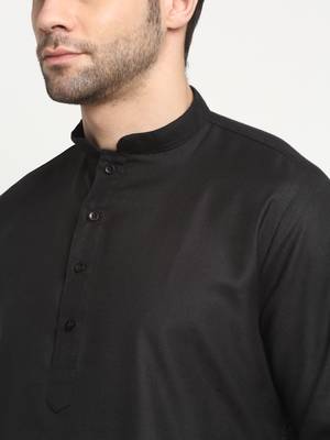 Men Cotton Solid Black Kurta Churidar With Navy Blue Twill Nehru Jacket Set 6