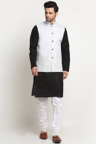 Men Cotton Solid Black Kurta Churidar With White Twill Nehru Jacket Set