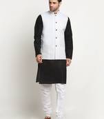 Men Cotton Solid Black Kurta Churidar With White Twill Nehru Jacket Set