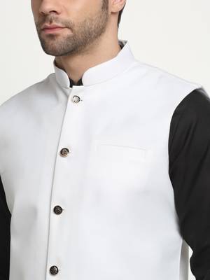 Men Cotton Solid Black Kurta Churidar With White Twill Nehru Jacket Set 2