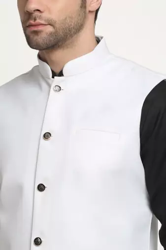 Men Cotton Solid Black Kurta Churidar With White Twill Nehru Jacket Set