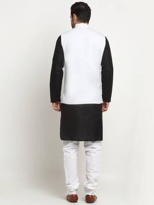 Men Cotton Solid Black Kurta Churidar With White Twill Nehru Jacket Set 3