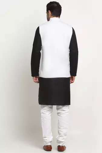 Men Cotton Solid Black Kurta Churidar With White Twill Nehru Jacket Set