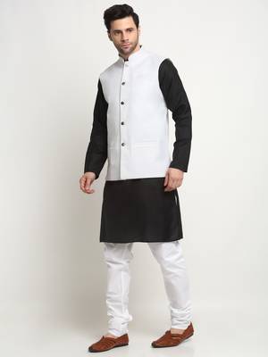 Men Cotton Solid Black Kurta Churidar With White Twill Nehru Jacket Set 4