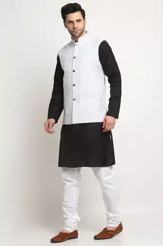 Men Cotton Solid Black Kurta Churidar With White Twill Nehru Jacket Set