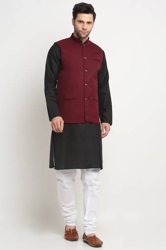 Men Cotton Solid Black Kurta Churidar With Maroon Twill Nehru Jacket Set