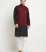 Men Cotton Solid Black Kurta Churidar With Maroon Twill Nehru Jacket Set