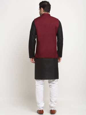 Men Cotton Solid Black Kurta Churidar With Maroon Twill Nehru Jacket Set 3