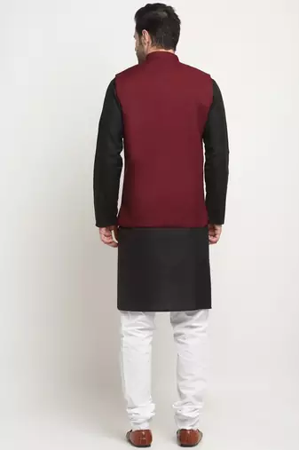 Men Cotton Solid Black Kurta Churidar With Maroon Twill Nehru Jacket Set