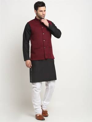 Men Cotton Solid Black Kurta Churidar With Maroon Twill Nehru Jacket Set 4