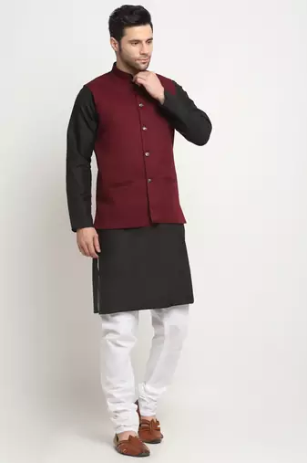 Men Cotton Solid Black Kurta Churidar With Maroon Twill Nehru Jacket Set