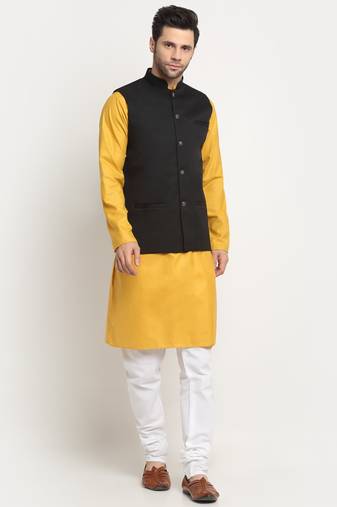 Men Cotton Solid Mustard Kurta Churidar With Black Twill Nehru Jacket Set