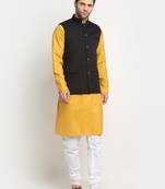 Men Cotton Solid Mustard Kurta Churidar With Black Twill Nehru Jacket Set
