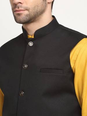 Men Cotton Solid Mustard Kurta Churidar With Black Twill Nehru Jacket Set 2
