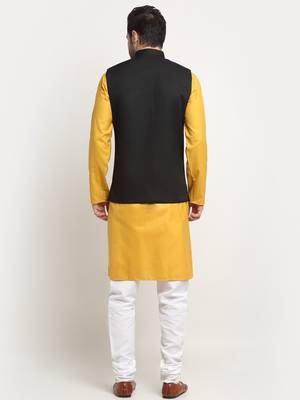 Men Cotton Solid Mustard Kurta Churidar With Black Twill Nehru Jacket Set 3