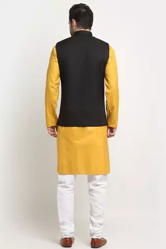 Men Cotton Solid Mustard Kurta Churidar With Black Twill Nehru Jacket Set