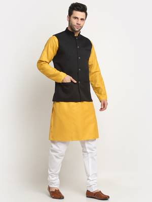 Men Cotton Solid Mustard Kurta Churidar With Black Twill Nehru Jacket Set 4