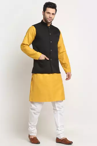 Men Cotton Solid Mustard Kurta Churidar With Black Twill Nehru Jacket Set