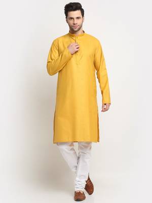 Men Cotton Solid Mustard Kurta Churidar With Black Twill Nehru Jacket Set 5