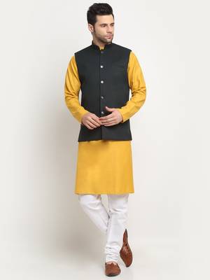 Men Cotton Solid Mustard Kurta Churidar With Green Twill Nehru Jacket Set 1