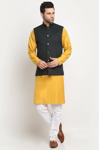 Men Cotton Solid Mustard Kurta Churidar With Green Twill Nehru Jacket Set