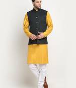 Men Cotton Solid Mustard Kurta Churidar With Green Twill Nehru Jacket Set