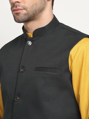 Men Cotton Solid Mustard Kurta Churidar With Green Twill Nehru Jacket Set 2