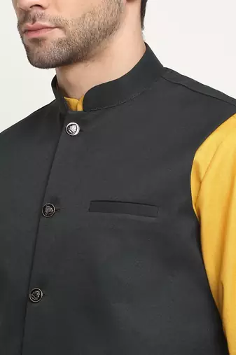 Men Cotton Solid Mustard Kurta Churidar With Green Twill Nehru Jacket Set
