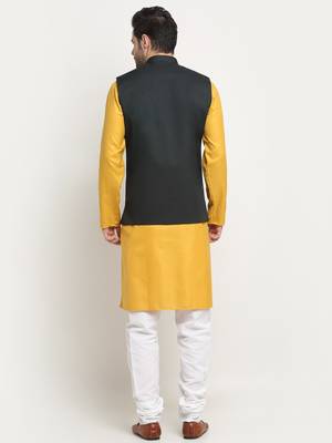 Men Cotton Solid Mustard Kurta Churidar With Green Twill Nehru Jacket Set 3