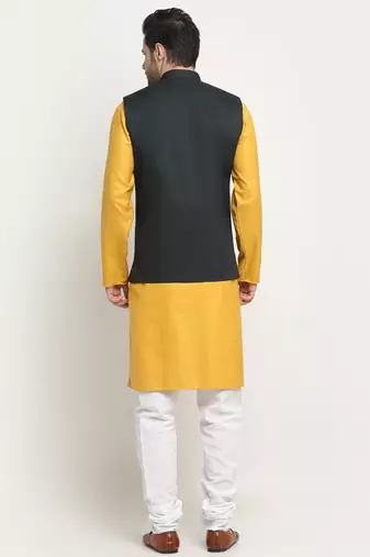 Men Cotton Solid Mustard Kurta Churidar With Green Twill Nehru Jacket Set
