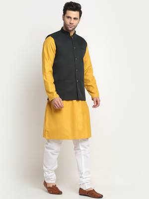 Men Cotton Solid Mustard Kurta Churidar With Green Twill Nehru Jacket Set 4
