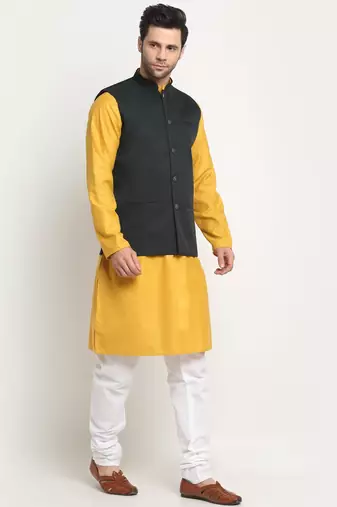 Men Cotton Solid Mustard Kurta Churidar With Green Twill Nehru Jacket Set
