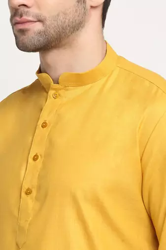 Men Cotton Solid Mustard Kurta Churidar With Green Twill Nehru Jacket Set