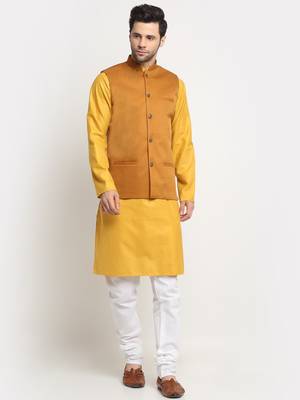 Men Cotton Solid Mustard Kurta Churidar With Mustard Twill Nehru Jacket Set 1