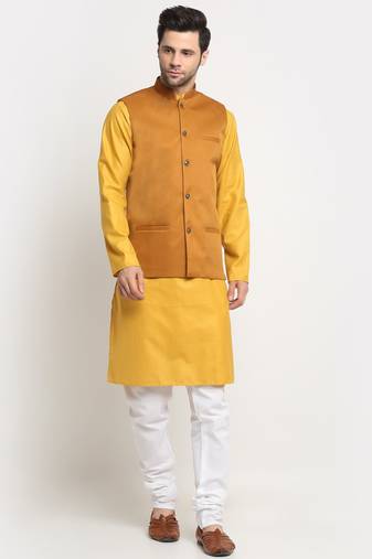 Men Cotton Solid Mustard Kurta Churidar With Mustard Twill Nehru Jacket Set