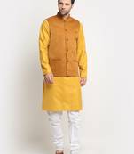 Men Cotton Solid Mustard Kurta Churidar With Mustard Twill Nehru Jacket Set