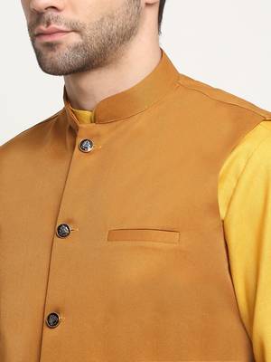 Men Cotton Solid Mustard Kurta Churidar With Mustard Twill Nehru Jacket Set 2