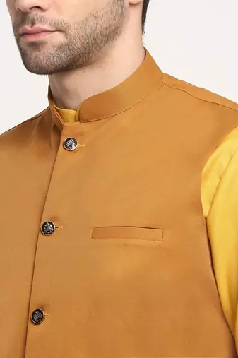 Men Cotton Solid Mustard Kurta Churidar With Mustard Twill Nehru Jacket Set