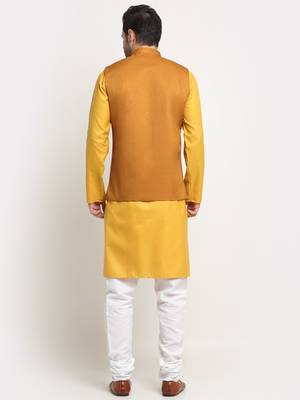 Men Cotton Solid Mustard Kurta Churidar With Mustard Twill Nehru Jacket Set 3
