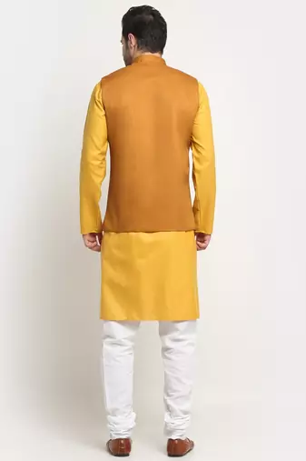 Men Cotton Solid Mustard Kurta Churidar With Mustard Twill Nehru Jacket Set
