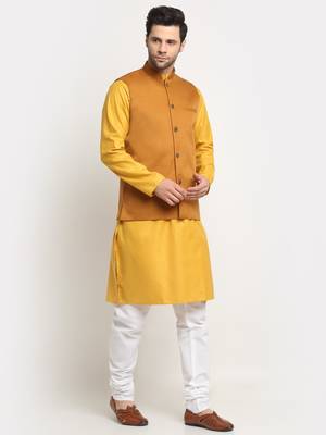 Men Cotton Solid Mustard Kurta Churidar With Mustard Twill Nehru Jacket Set 4
