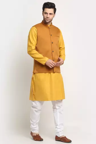 Men Cotton Solid Mustard Kurta Churidar With Mustard Twill Nehru Jacket Set