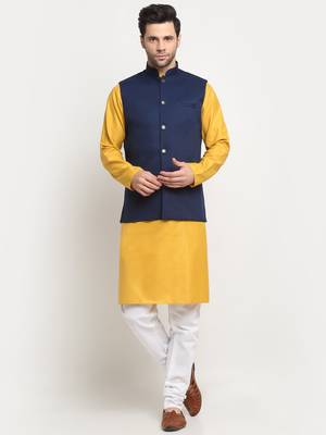 Men Cotton Solid Mustard Kurta Churidar With Navy Blue Twill Nehru Jacket Set 1