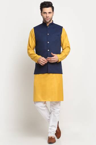 Men Cotton Solid Mustard Kurta Churidar With Navy Blue Twill Nehru Jacket Set